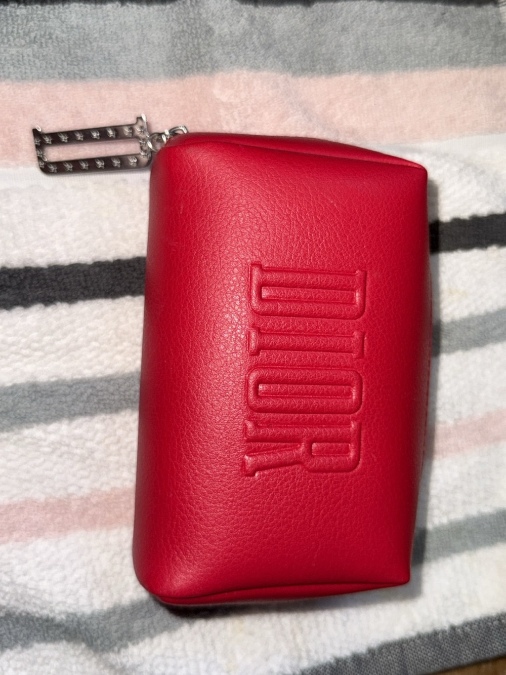 Dior Red Embossed Leather Cosmetic Pouch with Logo Zip Charm